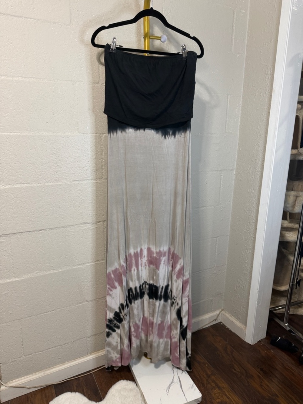 Strapless Tie-Dye Maxi Dress in Black and Dusty Pink